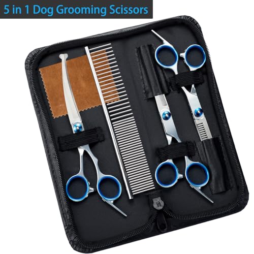 5 in 1 Premium Dog Grooming Scissors, Professional Dog Scissors for Grooming with Safety Round Tips, Lengnoyp Stainless Steel Thinning Shears, Pet Cat Shears for Grooming Kit