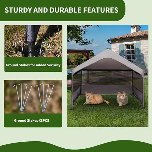 Summertrail Extra Large Dog House Outside, Dog Tent Outdoor, Big Dog Shade Shelter Doghouse Canopy with Three-Sided Breathable Mesh Windows, Gray Sun Rain Cover for Pet Cat Livestock 4'x 4'x 3.3'