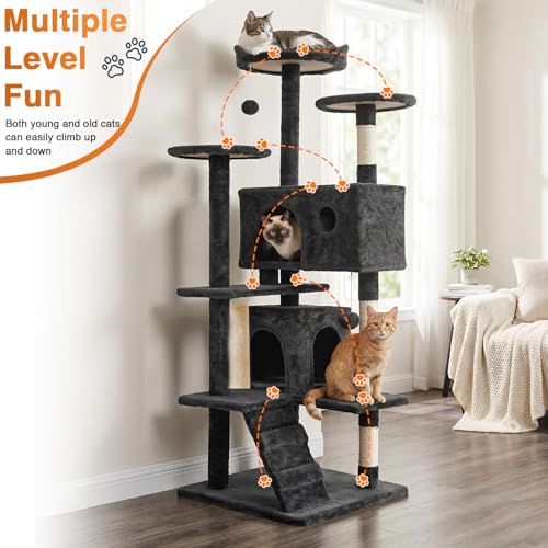 FDW | 54" Cat Tree Tower | Dark Gray | Multi-Level Indoor Activity Center with Sisal Scratching Posts, Condos, Plush Perches, Hanging Cat Toys | Sturdy, Easy to Assemble | for Kittens & Adult Cats