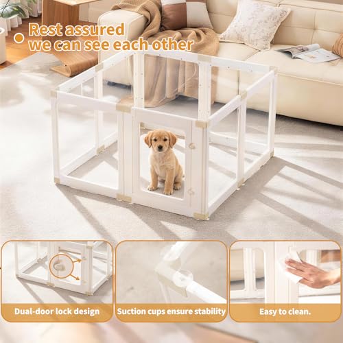 Zendova Acrylic Dog Playpen Indoor for Small Dogs & Puppies, Clear Transparent Pet Playpen with Modern No-Bar Design, 23.6" Easy Assemble Puppy Play Pen, Escape-Proof & Sturdy (8 Panels, White)