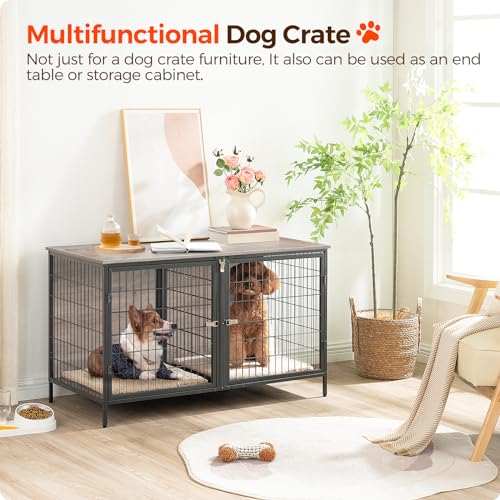 MAHANCRIS Dog Crate Furniture for 2 Dogs, 43.3" Dog Kennel with Removable Divider, Heavy Sturdy Dog Furniture Style Double Cage for Small Medium Dog, Indoor Pet House End Table, Greige DCHG1201