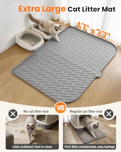 Vacqueen Cat Litter Box Mat, 47" x 37" Extra Large Cat Litter Mat, Silicone Waterproof Litter Trapping Mat for Scatter Control Soft on Kitty Paws Non-Slip Easy to Clean (Grey)