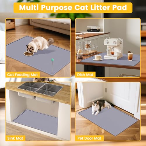 Silicone Cat Litter Mat with Toy, 38x25 Inch Large - Waterproof, Easy Clean Trapping Mat for Kitty Litter Box, Non-Slip Litter Box mat for Hardwood Floors & Carpet Protection (Grey)