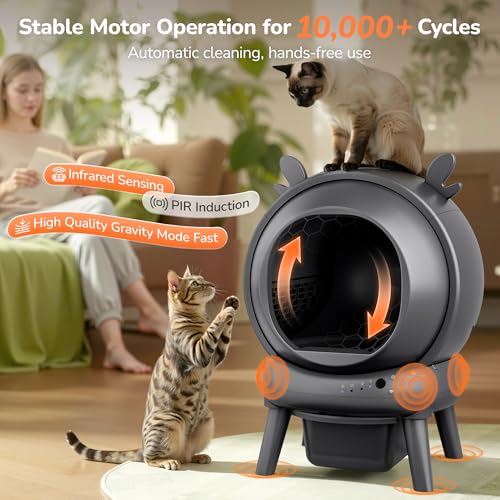 FurryKiddy Automatic Self Cleaning Litter Box, Cat Litter Box with APP Control, 65L Globe & Dual Safety Sensors, Robot Litter Box, 1 Roll Garbage Bags and Litter Mat, <35DB, for Multiple Cats, Grey