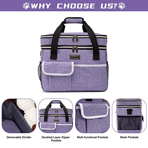 BAGLHER Dog Travel Bag for Supplies - Double-Layer Airline Approved Weekend Pet Travel Organizer Set for Dog and Cat Tote with 2 Pet Food Containers and 2 Collapsible Silicone Bowls Purple