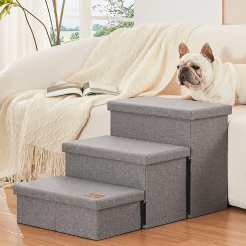 Love's cabin Dog Stairs for High Bed 18" H, Foldable Pet Stairs for Small Medium or Large Dogs Puppy with Storage for Bed or Couch, Cat Dog Steps Ramp with Zip up to 200 lbs, Solid Grey, 3 Steps