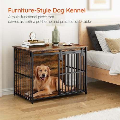 HOOBRO Dog Crate Furniture, 36.6" Heavy Duty Dog Kennel with Sliding Barn Door, Wooden Dog Cage Indoor, Decorative Side End Table for Small/Medium Dogs, Rustic Brown and Black FG162GW03G1