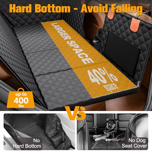 PETICON Back Seat Extender for Dogs, Hard Bottom Dog Car Seat Cover - Supports 400lbs, Rear Seat Pet Cover with Mesh Window, Waterproof Dog Hammock for Car SUV