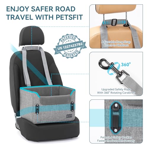 PETSFIT Dog Car Seats for Small Dogs – Patented Safety Buckles – Safety Tether – Foldable Travel Dog Booster Car Seat Reduces Anxiety & Road Trips – Stable Frame, Soft Cushion, Fits Front/Back Seat