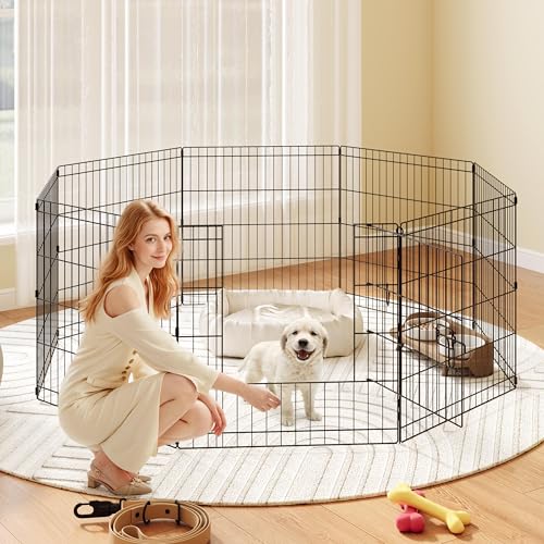 Yaheetech 24" High 8 Panel Foldable Metal Dog Exercise Pen Pet Playpen Dog Fence Outdoor & Indoor Use for Small Animals with Door Black