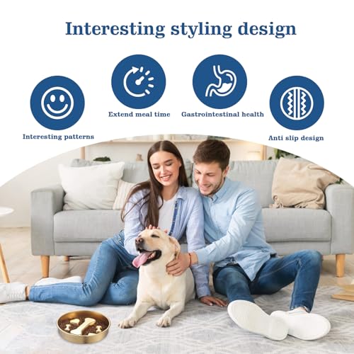 Golden Stainless Steel Slow Feeder Dog Bowls – Non-Slip Metal Dog Bowl for Large & Medium Breeds, Puppy Puzzle Feeder – 2 Cup Capacity for Small to Big Pets – Durable Slow Feed Dog & Cat Food Dish