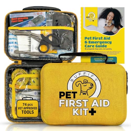 Ruffify Dog and Cat First Aid Kit – Vet Approved, 74 Essential Items Pet Emergency Kit Accessories for Car, Travel, Hunting, Hiking & Camping Gear with Mini Pouch for Home, Office & Outdoor Adventures