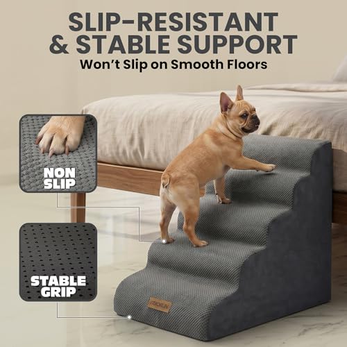Miorun Dog Stairs for High Beds Up to 30", Extra-Tall 5-Step Dog Steps for Bed, 24.5" Tall Foam Pet Stairs for Small & Medium Dogs, Gentle Slope Cat Ramp for Bed with Washable Cover