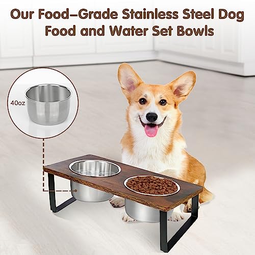KEVIDEAWL Elevated Dog Bowls for Small Medium Wood Dogs Raised Bowl Stand with 2 Stainless Steel Deep Dog Food and Water Bowls, Anti Vomit, Non-Slip Feeding Dishes(Tilted，3 inches in Height, 40oz