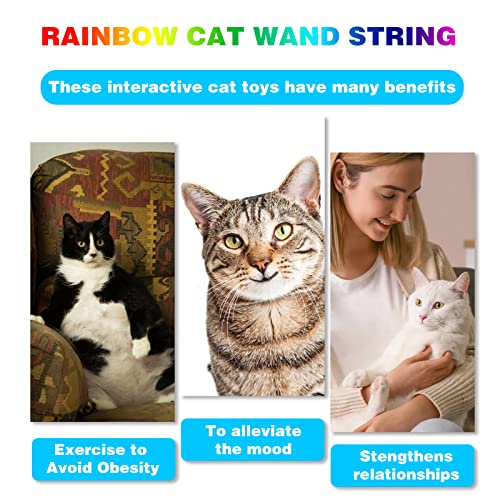 M JJYPET Cat Wand Toys Interactive Kitten Toys for Indoor Cats Colorful Teaser Wand String for Exercise Kitten Stick Kitty Rope Toy Rainbow Ribbon Cat Charmer -2Pcs