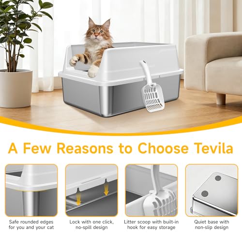Tevila Stainless Steel Litter Box with High Sides, Small Metal Litter Box for Kittens & Senior Cats, Open Top Low Entry Non-Stick Easy Clean with Scoop, Gray