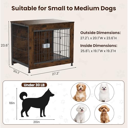 Furniture Style Dog Crate, Decorative Wooden Pet Kennel End Table for Small to Medium Dogs (Under 30 lbs), Indoor Dog House with Secure Slide Lock & Solid Top, Modern Pet Cage Furniture, Aged Black