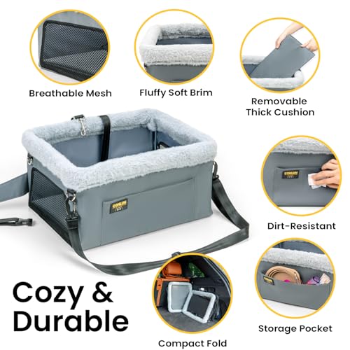 Conlun Dog Car Seat Booster for Small Pet Under 20lbs, Portable Travel Puppy Car Seat with Internal Steel Frame, Comfort Cushion & Storage Pockets, Adjustable Straps Fit Most Cars, Grey