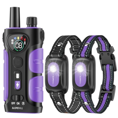 SLOPEHILL Dog Shock Collar - 4200FT Dog Training Collar with Remote,IPX8 Waterproof E-Collar with Beep,Vibration,Shock,Flash Light,No Shock Model,Electric Shock Collar for Dogs 8-140lbs,Purple 2PCS
