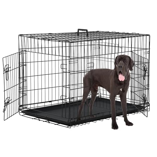 48 Inch Extra Large Dog Crates for Medium Dogs Double-Door Folding XXL Dog Crates for Large Dogs Indoor/Outdoor Dog Cages for Large Dogs Metal Wire Dog Kennel with Plastic Tray and Handle(Black)
