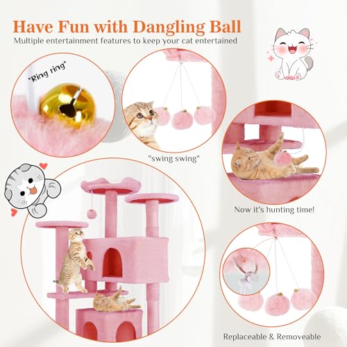 Sweetcrispy 54 Inch Cats Tree Tower, Multi-Level with Cat Scratching Post, Indoor Cat Condo with Climbing Ladder, Plush Toy, Play House for Cats, Pink