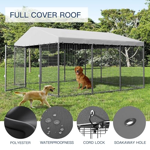 Kullavik 10x10x6 FT Large Outdoor Dog Kennel,Anti-Rust Galvanized Steel Dog Pen with Double Locks,Heavy Duty Dog Enclosure Fence with UV & Water Resistant Roof Cover for Outside