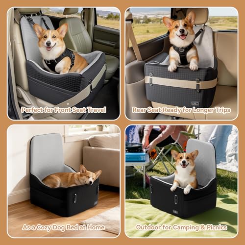 PETSFIT Dog Car Seat for Small/Medium Dogs Up to 35 lbs – Patented Safety System, 5" Memory Foam Pet Booster Car Seat, Fully Detachable and Washable Dog Carseat with 2 Storage Pockets (Black & Grey)