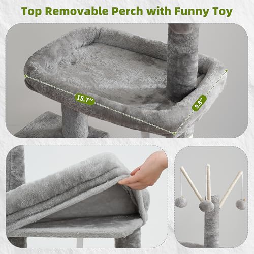 Gitelsnour Cat Tree for Indoor Cats, Cat Tower with Scratching Post for Small Cats and Kittens, Cat House with Removable Top Platform and Fluffy Balls, Hanging Cat Basket, Light Gray GCT006SW