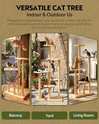 60" Tall Outdoor Cat Tree, Cat Tower Weatherproof for Patio,Garden,Balcony, Durable 4-Tier Natural Wood w/Scratching Posts for Multiple Cats,Outside&Indoor Adult Cats and Kittens Play, Climbing