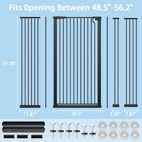 51.18" Extra Tall Cat Gate for Doorway 48.5"-56.2" Wide Auto Close Tall Pet Gate No Drilling Pressure Mounted for Hallway Kitchen,Black