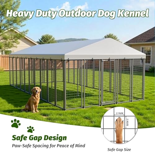 20x10 FT Outdoor Dog Kennel with Waterproof Roof, Heavy Duty Dog Enclosures with Galvanized Welded Wire Steel & Dual Safety Lock