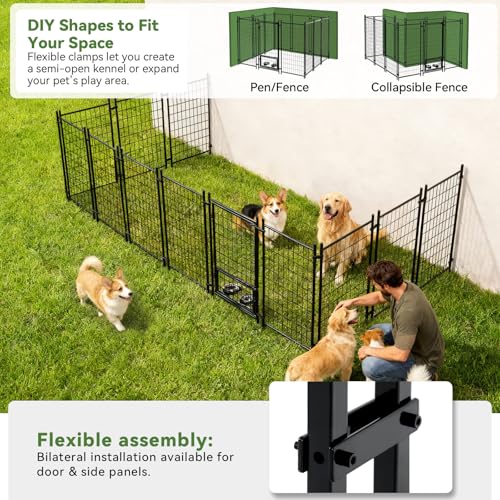 Oranland 7.8x4x5FT Outdoor Dog Kennel for Small/Medium Dogs, Welded Wire Outside Dog Pen, Anti-Rust Dog Run with Secure Lock, UV-Resistant Waterproof Roof & Swivel Stainless Steel Feeding Bowls