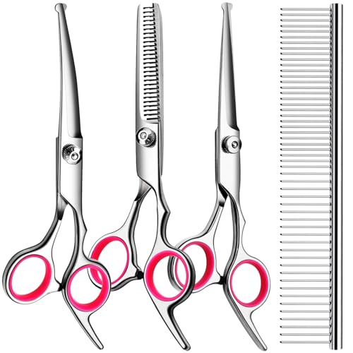 TINMARDA Dog Grooming Kit, Professional Stainless Steel Dog Grooming Scissors with Curved Shears, Pink Finger Rings - 4 Piece Sharp Durable Pet Shears for Dogs Cats At Home Salon-Quality Grooming