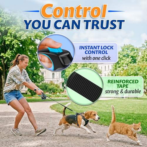 16.4 ft Retractable Dog Leash for Dogs 10–100 lbs - Heavy Duty Tape Leash with Strong Nylon Tape - 360° Swivel Control - One-Click Brake & Lock - Ergonomic Non-Slip Grip for Safe & Easy Daily Walks