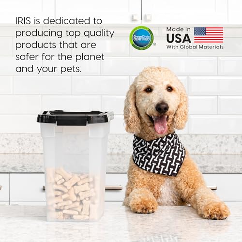 IRIS USA Airtight Dog Food Storage Container, WeatherPro, Up to 10 lbs, for Dog Cat Bird and Other Pet Food Storage Bin, Keep Fresh, Translucent Body, Made in USA, Clear/Black