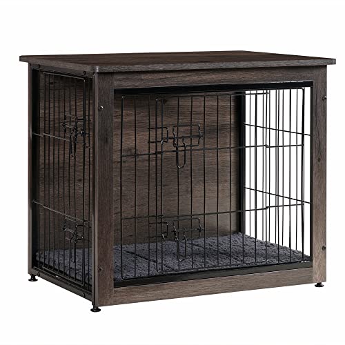 DWANTON Dog Crate Furniture with Cushion, Wooden Kennel Table with Double Doors, Indoor Dog House, Small/Medium/Large/Extra Large Size, 27.2" L, Dark Gray