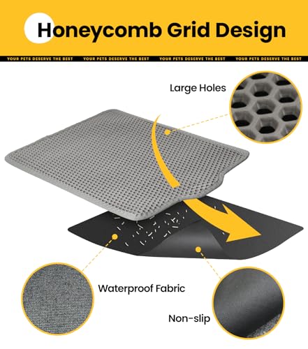 Conlun Cat litter Mat 30"x22", Large Honeycomb Double Layer Waterproof Trapping Waste for Kitty Litter Box, Easy Clean Non-Slip Cat Matt on Floor, Gray