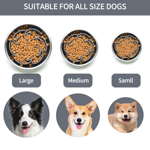Slow Feeder Dog Bowls Insert,Third Generation upgradedSuper Firm Eating Bowl（Cuttable） for Large Breed and Medium Small Size Compatible with Regular Elevated Metal Glass Dog Bowl (Gray)