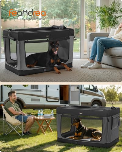 Feandrea Collapsible Dog Crate, 48-Inch Portable Dog Travel Crate for Extra Large Dogs, Oxford Fabric Pet Carrier with 4 Mesh Doors, Handles, Storage Pocket, Water Bottle Holder, Ink Black UPDC022BH01
