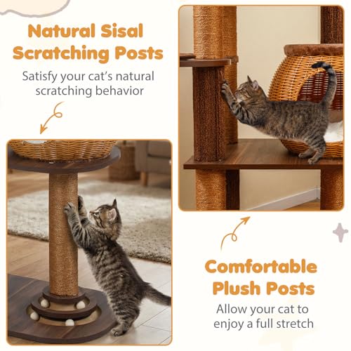 PETSITE 59.5-inch Tall PE Rattan Cat Tree, Multi-Level Modern Wooden Cat Tower with Sisal Scratching Posts, Ball Track Toy, Comfy Condo with Removable Soft Pads, and Hanging Ball, Ideal for Indoor Cat