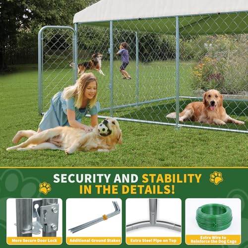 LotFun 10x10 FT Dog Kennel, Heavy Duty Outdoor Dog Enclosure with UV & Rain-Proof Fully Covered Roof, Double Security Locks and Rustproof Metal Mesh for Large Dogs House (10x10x6 FT)