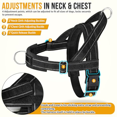 SlowTon No Pull Dog Harness - Heavy Duty Dog Harness and Leash Set for Medium Large Dogs, Reflective Tactical Harness with Soft Padded and Front Clip for Easy Walk and Training (Black L)