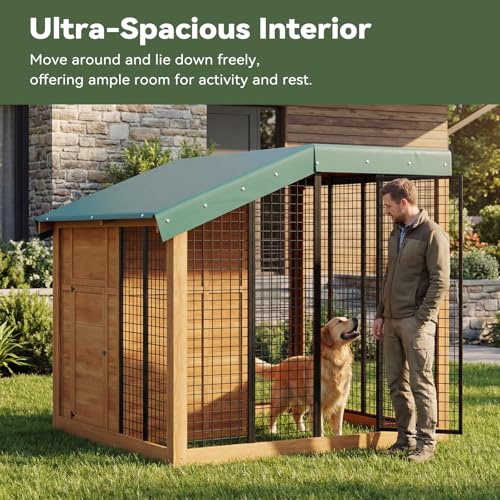 Aoxun 7' x 5' Large Outdoor Cedar Wood Dog House, Weatherproof Dog Kennel with Roof, Rear Door, Secure Lock & Built-in Storage for Medium to Large Dogs