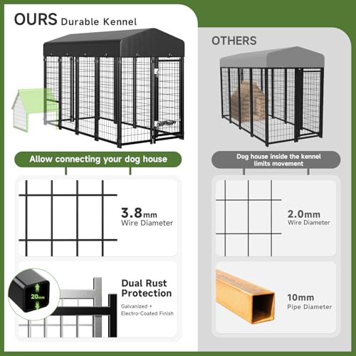 Guiferland Dog Kennel Outdoor, Large Outside Dog Kennel with Roof & Swivel Feeders/Removable Doggy Door Allow Connecting Your Dog House, Heavy Duty Dog Run Pen for Medium/Large Dogs (8'L x 4'W x 6'H)