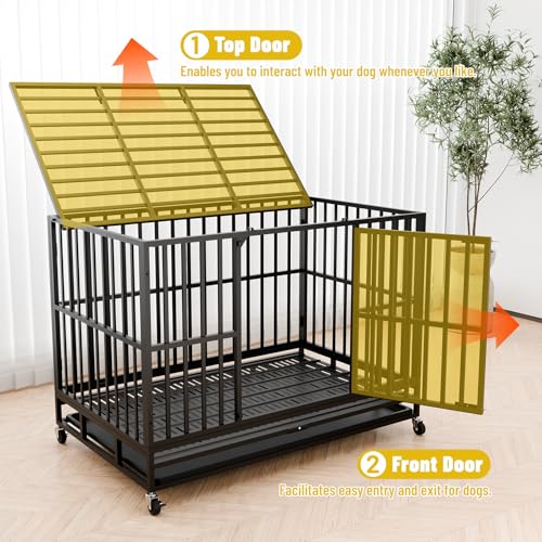 NUGRIART Escape-Proof Heavy Duty 38" Dog Crate, Indestructible Steel Kennel for Large & High-Anxiety Dogs with 300Lbs Capacity, Double Door Design with 4 Locking Wheels and Reinforced Baseplate.