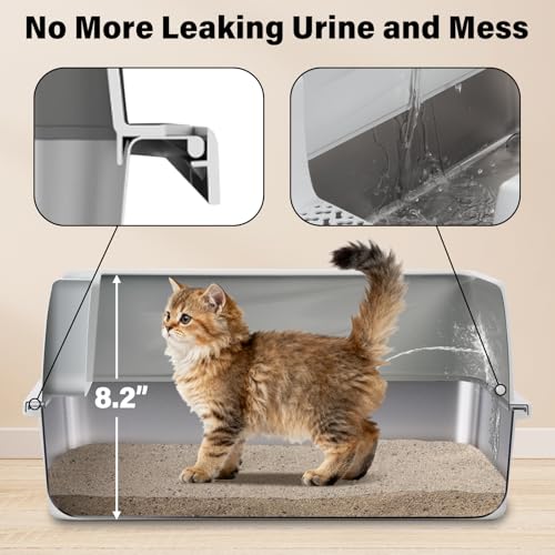FUTAM Stainless Steel Litter Box with Lid, Metal Litter Box High Sides, Low Entry Litter Boxes with Scoop and Mat,Non-Stick,Anti-Leakage,Easy to Clean Litterbox for Small to Medium Cats