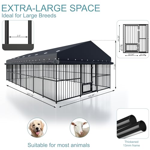10x20x6.5 FT Large Dog Kennel, Outdoor Dog Crate with with Triple Safety Locks, Heavy Duty Outside Dog Cage Animal Enclosure with Roof Metal Secure Fence Playpen (118" W x 238" D x 78" H)
