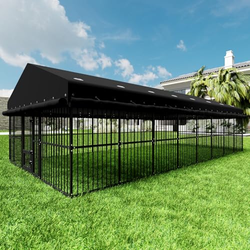 Broivira Outdoor Dog Kennel 10x20x6.5 FT, Heavy-Duty Metal Construction with Swivel Door, Fully Enclosed Waterproof Oxford Cloth Covering, Designed as a Weatherproof Shelter for Medium and Large Dogs