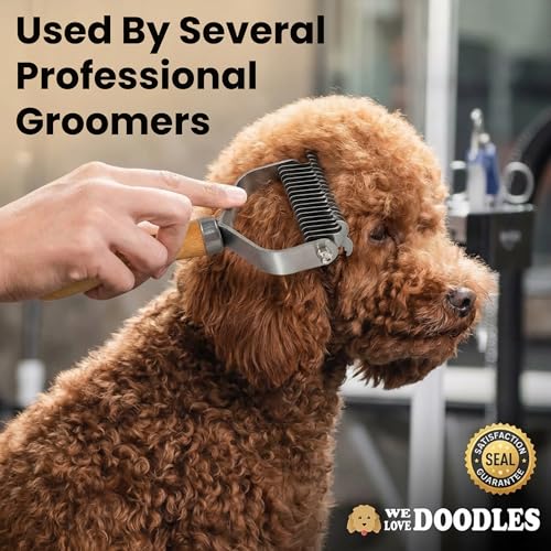 Pet Dematting Comb for Dogs and Cats with Wood Handle, Deshedding Undercoat Rake with Stainless Steel Blades, Pet Comb for Detangling Thinning and Shedding, All Hair Types [We Love Doodles]