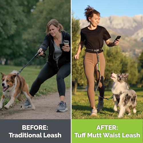 Tuff Mutt Hands Free Dog Leash for Walking Running Hiking, Waist Leash with Bungee, Adjustable Belt, Reflective Double Handle Design for Large Medium Dogs